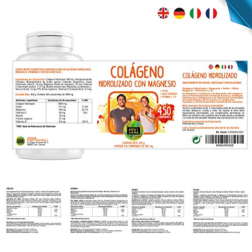 Colágeno Con Magnesio | Colágeno Hidrolizado Con Magnesio y Calcio | Colágeno con vitamina C y vitamina D para ayudar a la energía del día a día | 450 Comprimidos - Aquisana