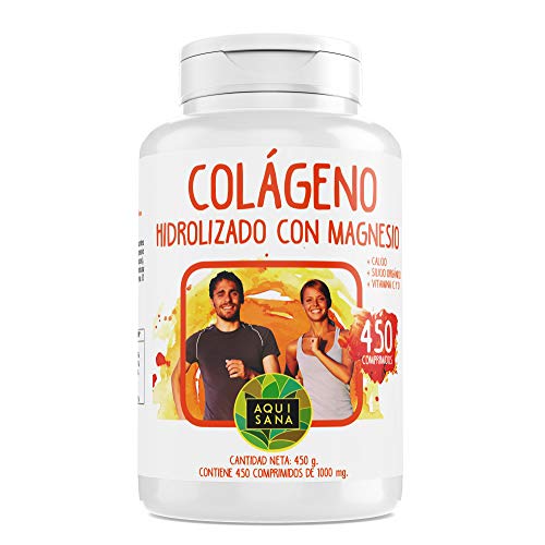Colágeno Con Magnesio | Colágeno Hidrolizado Con Magnesio y Calcio | Colágeno con vitamina C y vitamina D para ayudar a la energía del día a día | 450 Comprimidos - Aquisana