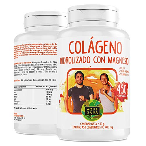 Colágeno Con Magnesio | Colágeno Hidrolizado Con Magnesio y Calcio | Colágeno con vitamina C y vitamina D para ayudar a la energía del día a día | 450 Comprimidos - Aquisana