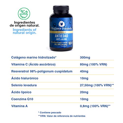 Colageno Marino Hidrolizado + Ácido Hialurónico + Vitamina C y A + Selenio + Q10 + Resveratrol al 98% | Suplemento de 90 Cápsulas | Piel, Articulaciones y Huesos | Regenera Tejidos Desde el Interior