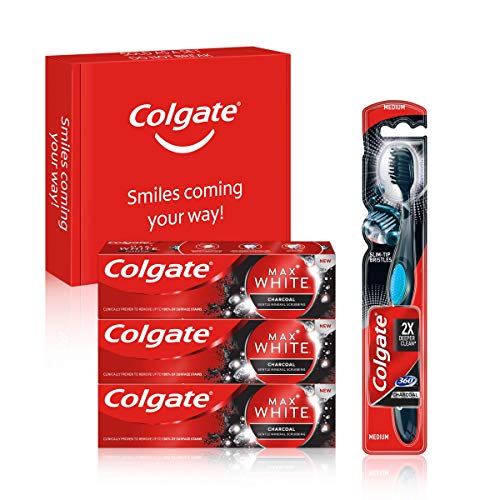 Colgate Kit Blanqueador al Carbón con Pasta de Dientes Max White Carbón (3 x 75 ml) y Cepillo Blanqueador Max White 360 (1 unidad)