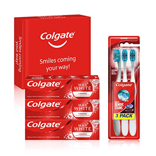 Colgate Kit Blanqueador con Pasta de Dientes Max White Luminous (3 x 75 ml) y Cepillo Blanqueador Max White One 360 (pack de 3 unidades)