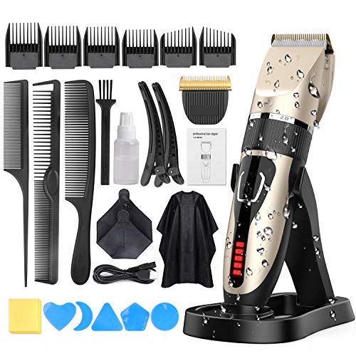 Cortapelos Profesional Hombres,Oudekay IPX7 Máquina Cortar Pelo Impermeable Kit Cuchilla de Titanio y Cerámica Pantalla LED,Cortadora de Pelo Inalámbrica Batería Recargable de Litio 2000mAh