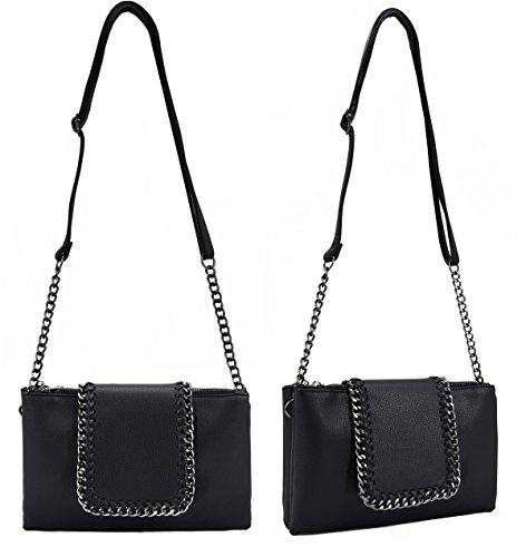 CRAZYCHIC - Bolso Bandolera Cadena Mujer - Bolsos de Hombro Cruzado 2 Compartimentos Muchos Bolsillos - Mensajero Clutch Pochette Embrague Crossbody Bag - Moda Diario Vida Viaje - Negro