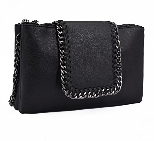 CRAZYCHIC - Bolso Bandolera Cadena Mujer - Bolsos de Hombro Cruzado 2 Compartimentos Muchos Bolsillos - Mensajero Clutch Pochette Embrague Crossbody Bag - Moda Diario Vida Viaje - Negro