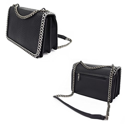 CRAZYCHIC - Bolso Serpiente Mujer - Bolso Bandolera Cadena Acolchado Piel Pitón Cuero PU Señora - Grande Mensajero Clutch Pochette Crossbody Bag - Bolso Cruzado Embrague Noche Negro