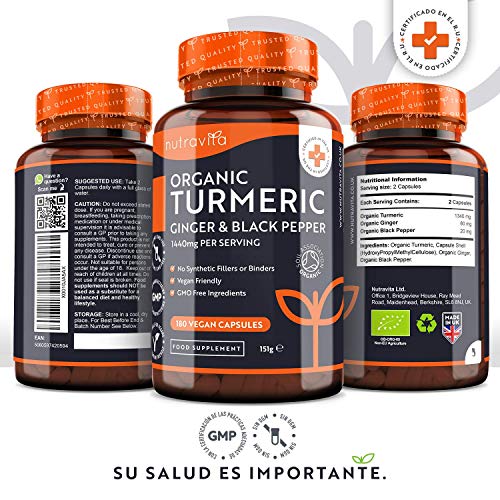 Cúrcuma Orgánica de 1440 mg con Pimienta Negra y Jengibre -180 Cápsulas Vegano de Alta Resistencia (Suministro para 3 Meses) - Fabricado en el Reino Unido por Nutravita