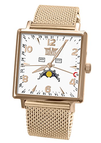 Davis 1736MB - Reloj Fase Lunar Hombre Clásico Triple Calendario Cuadrado Acero Oro Rosa Esfera Blanca Correa Mesh Malla Milanese