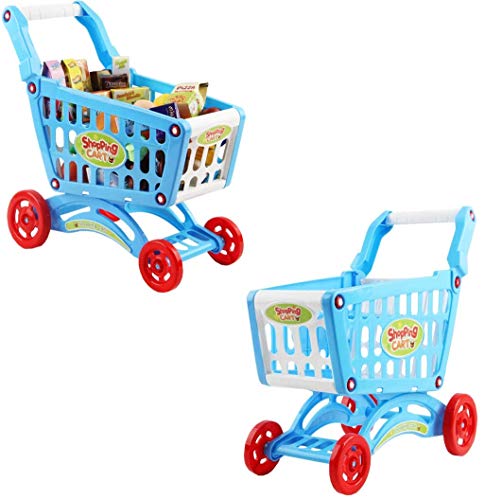 deAO Carrito de la Compra Infantil Incluye Variedad de 50 Productos de Mercado y Comestibles para Niños y Niñas (Azul)