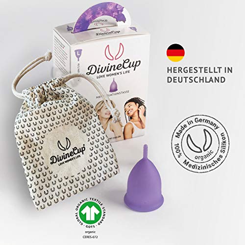 DIVINE CUP copa menstrual tamaño S, pequeña - Clínicamente probada, nota MUY BIEN - 100% Made in Germany - Lila, disponible en cuatro colores - Silicona médica suave y reutilizable