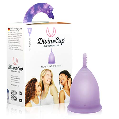 DIVINE CUP copa menstrual tamaño S, pequeña - Clínicamente probada, nota MUY BIEN - 100% Made in Germany - Lila, disponible en cuatro colores - Silicona médica suave y reutilizable