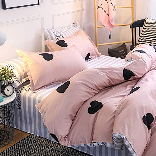 ED-Lumos Juego de Ropa de Cama ４Piezas para Cama 135cm-150cm Funda nórdica 240x220cm Sábana encimera 230x250cm Funda de Almohada 48x74cm Poliéster Color melocotón con Corazón Negro Día de San Valentín