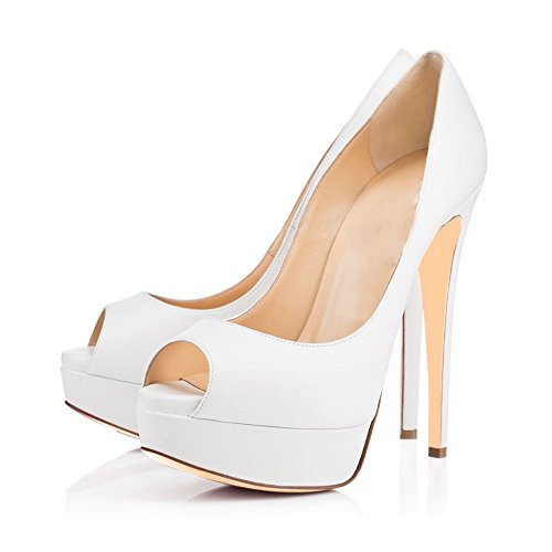 ELASHE - Zapatos para Mujer - Tacón de Aguja -15CM Peep Toe - 3CM Plataforma Tacones Mujer Fiestas Oficina Blanco EU38