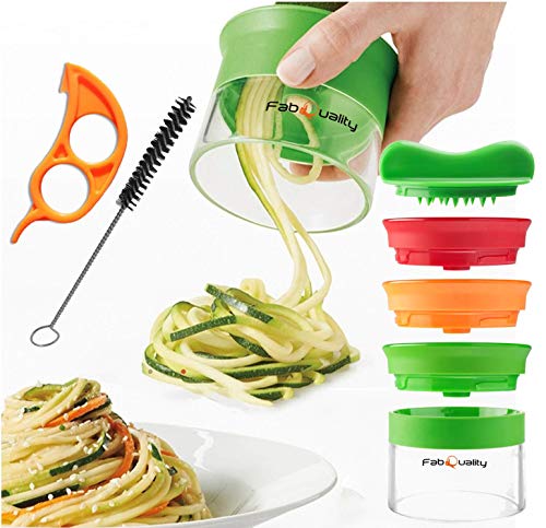 FabQuality Cortador de Verduras Cortador + Pincel + Peeler, en espiral Rallador de Verduras Mano con 3 Cuchillas para Cortador de Pepinos Rallador de Zanahorias Rallador de Espiral