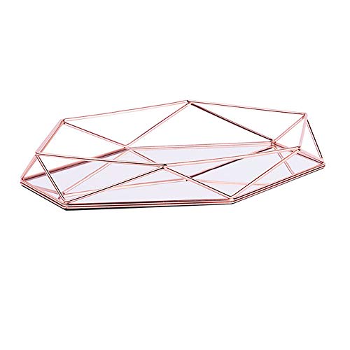 FABSELLER - Bandeja decorativa de metal con espejo, color oro rosa, lujosa, bandeja de almacenamiento hexagonal para escritorio, estilo nórdico, simple