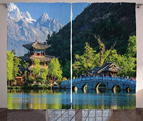 FAFANIQ Vintage China Curtains, Old Town Scene of Lijiang Black Dragon Pool Park Jade Dragon Snow Mountain, Living Room Bedroom Window Drapes 2 Panel Set, Blue Green，110 * 74 Inch