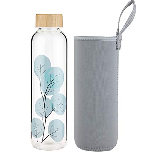 FCSDETAIL Botella de Agua de Cristal sin BPA, Botella de Agua de Vidrio de Borosilicato con Funda de Neopreno y Tapa de Bambú 420ml / 660ml / 1000ml