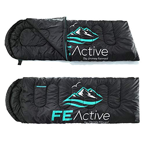 FE Active Saco de Dormir Camping - Extra largo con Capucha, Saco de Dormir Resistente al Agua para Exteriores 3-4 Estaciones, Excursionismo, Trekking, Viajes, Escalada, Cama | Diseñado en California