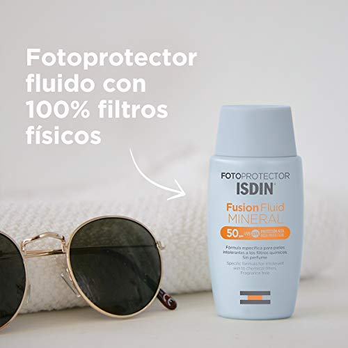 Fotoprotector Isdin Fusion Fluid MINERAL SPF 50 - Protector solar facial 100% mineral para las pieles intolerantes, 50 ml