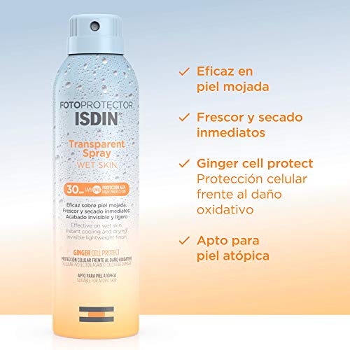 Fotoprotector ISDIN Transparent Wet Skin SPF 30 - Protector solar Corporal, Spray transparente, Eficaz sobre piel mojada, Ginger Cell Protect, 250 ml