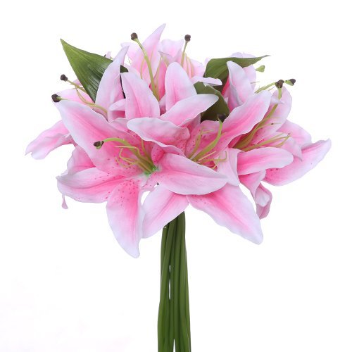 FS - Juego de lirios artificiales de 32 cm con 11 cabezas de flores grandes de 6 cm, rosa claro, 1 Bunch