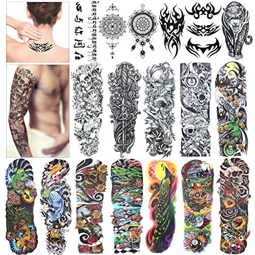 Full Brazo tatuajes temporales, Konsait Grande Tatuaje Temporales Mangas negro tatuaje cuerpo pegatinas para adultos hombre mujer (18 hojas)