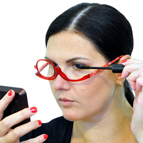 Gafas de Maquillaje, Gafas Para Maquillarse con Lente Abatible,Gafas con Lente que Gira Para Ayudarte con el Maquillaje con Funda Gratuita, Dioptrías +3.0 (Rojo)