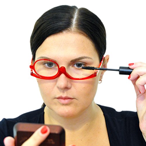 Gafas de Maquillaje, Gafas Para Maquillarse con Lente Abatible,Gafas con Lente que Gira Para Ayudarte con el Maquillaje con Funda Gratuita, Dioptrías +3.0 (Rojo)