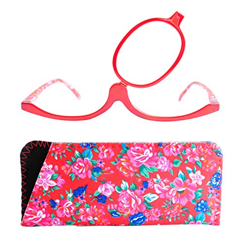 Gafas de Maquillaje, Gafas Para Maquillarse con Lente Abatible,Gafas con Lente que Gira Para Ayudarte con el Maquillaje con Funda Gratuita, Dioptrías +3.0 (Rojo)