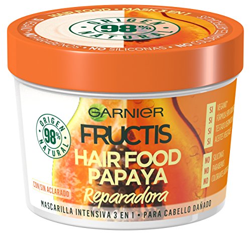 Garnier Fructis Hair Food Mascarilla Capilar 3 en 1 Papaya Reparadora para Pelo Dañado Pack de 3 - 390 ml x 3