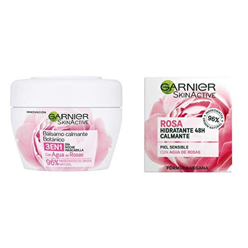 Garnier Skin Active Balsamo Calmante Botanico de Dia y de Noche y Mascarilla con Agua de Rosas - 2 Paquetes (2 x 140 ml)