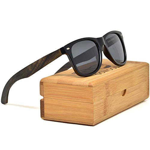GOWOOD Gafas de sol de madera de ébano para hombre y mujer con frontal negro mate y lentes polarizadas oscuras