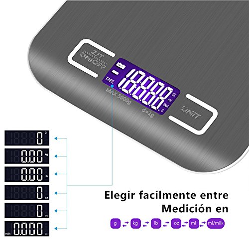 GPISEN Smart Digital Báscula con Pantalla LCD para Cocina de Acero Inoxidable, 5kg/11lbs, Balanza de Alimentos Multifuncional,Color Plata,(2 Baterías Incluidas)