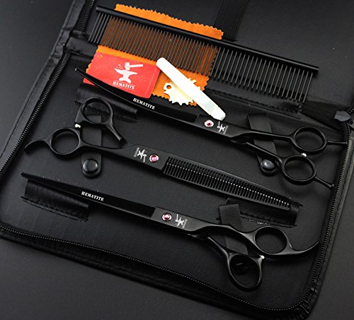 HEMATITE Set de tijeras de peluquería profesional negro de 8 pulgadas, tijeras de corte de gato y perro y tijeras de entresacar, incluyendo peine, estuche negro ...