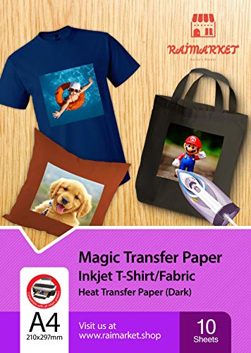Hierro sobre papel de transferencia para tela oscura (Magic Paper) de Raimarket | 10 hojas | A4 Transferencia de hierro para inyección de tinta en papel / camiseta