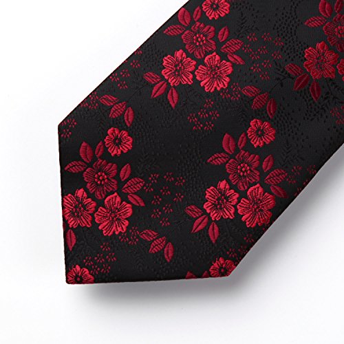 HISDERN Extra largo Floral Paisley lazo del panuelo Hombres Corbata & Plaza de bolsillo Conjunto Rojo/negro