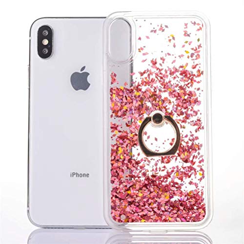 HMTECH iPhone XS Funda Brillo Bling Líquido Arenas movedizas Diamante blando TPU Silicona + Difícil PC Espalda Carcasa Case con soporte de anillo giratorio 360 para iPhone X,Diamond Liquid Pink