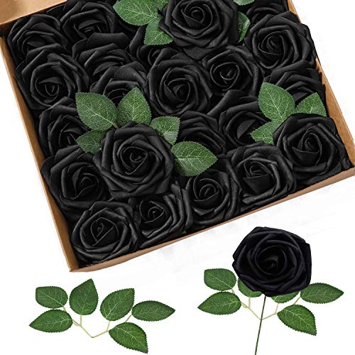 Homcomodar Flores Artificiales Rosa Negra 30 Piezas Rosas Falsas de Aspecto Real con Tallo para Bodas Ramos de Bricolaje Centros de Mesa Arreglo Fiesta Decoración del hogar