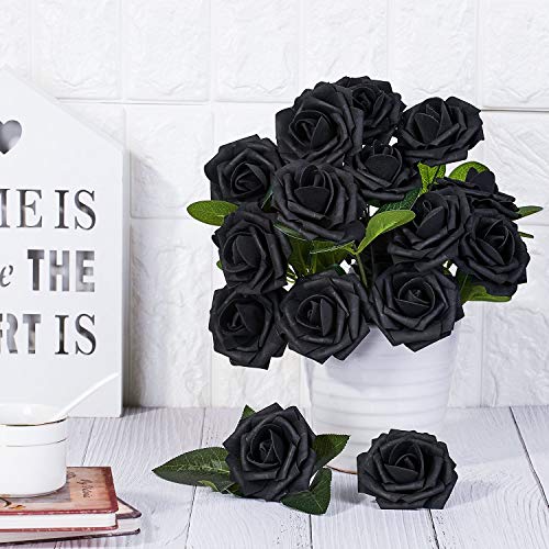 Homcomodar Flores Artificiales Rosa Negra 30 Piezas Rosas Falsas de Aspecto Real con Tallo para Bodas Ramos de Bricolaje Centros de Mesa Arreglo Fiesta Decoración del hogar