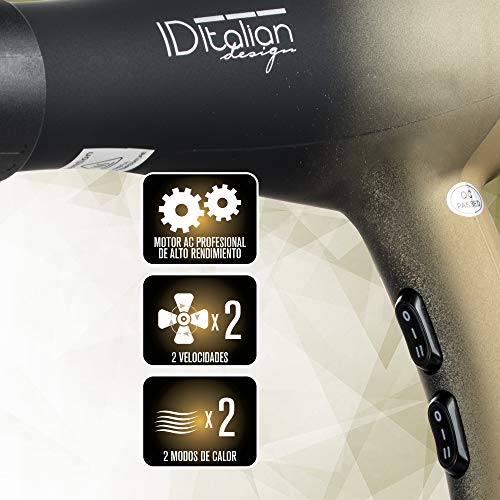 ID Italian Design | Secador de Pelo Silencioso 2 Modos de Calor, 2 Velocidades de Color Negro y Dorado - 2300W