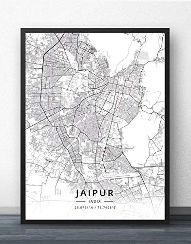 Impresión De Lienzo,India Mapa De La Ciudad De Jaipur Arte Mural Simple Póster Pop En Blanco Y Negro Pintura Minimalista Vida De Oficina Modular Decoración De Espacio De Tinta Cultural Personaliza