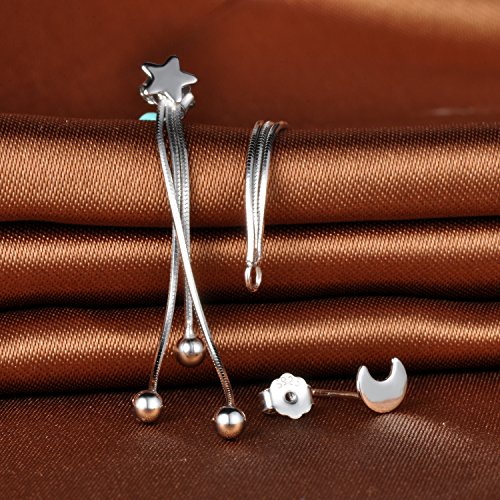 Infinito U Pendientes Largos para Mujeres de Plata de Ley 925 Diseño de Luna y Estrellas con 3 Borlas Drop Earring