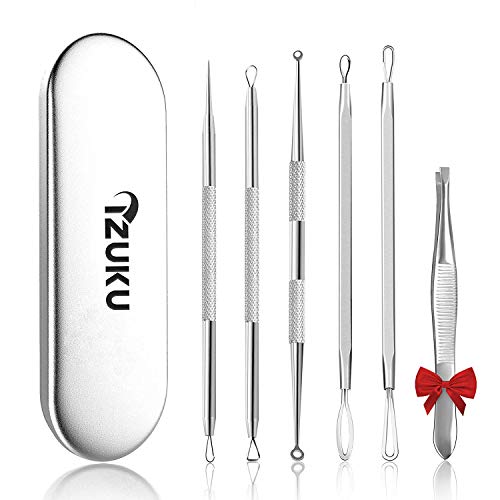 IZUKU Extractor de Puntos Negros Kit de 6Pcs [Nueva Caja de Metal] Blackhead Remover Aguja de Acné para Quita Espinillas Granos Comedones