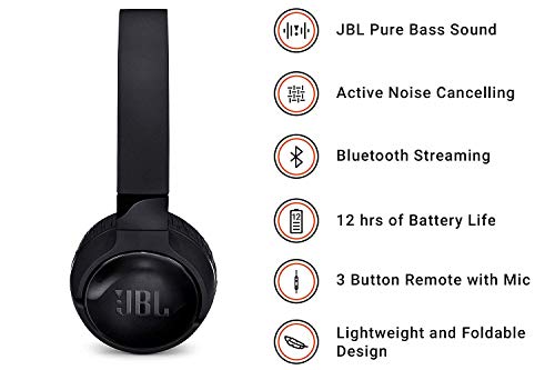 JBL Tune 600 BT ANC - Auriculares inalámbricos con Bluetooth y cancelación de ruido, sonido Pure Bass, 12h de música continua, negro