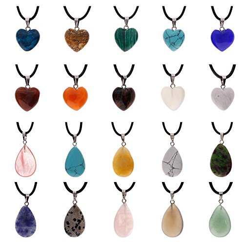 Juanya - 20 colgantes de piedra con forma de gota de agua de cristal de cuarzo chakra con cordón de piel sintética de 18 pulgadas de color negro