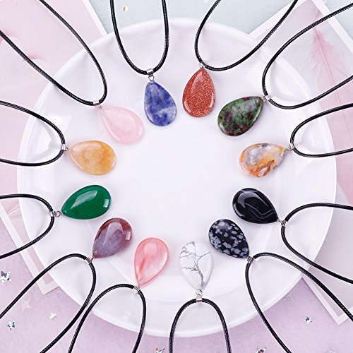 Juanya - 20 colgantes de piedra con forma de gota de agua de cristal de cuarzo chakra con cordón de piel sintética de 18 pulgadas de color negro