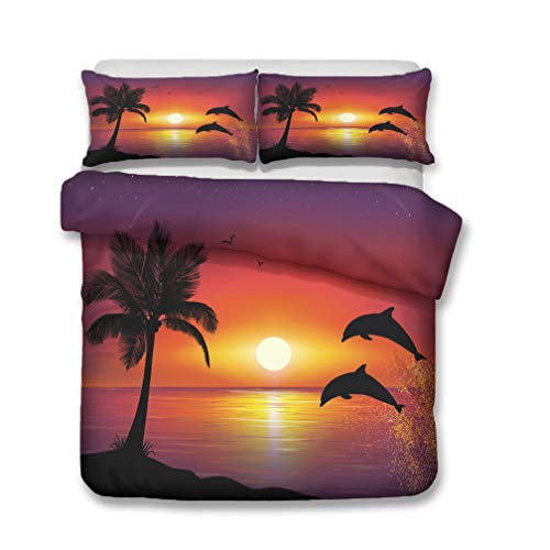 Juego de cama Delfín Modelo 3D Oceano Azul Cielo Arco Iris Amanecer Nubes Paisaje Funda nórdica y Funda de almohada, Ropa de Cama Niños Niño Niña Funda de edredón (A,150x200 cm - Cama 90 cm)