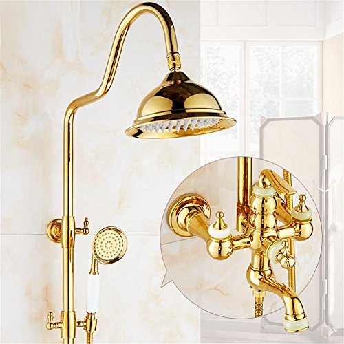 Juego de ducha de oro Cristal de latón expuesto bañera Grifería de la ducha Doble manija de lluvia cabezal de ducha redondo baño de pared de montaje , 2