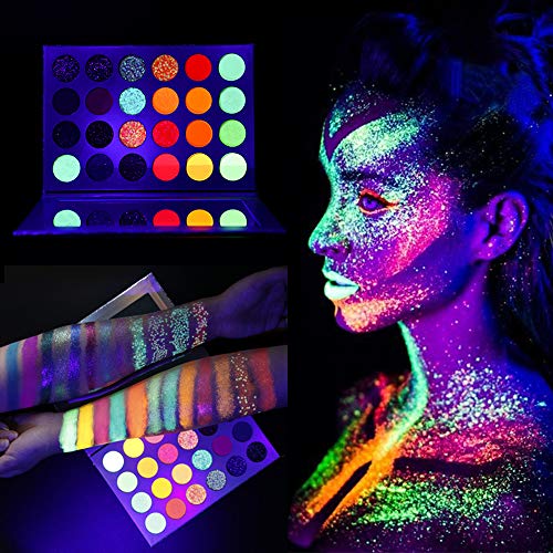Kalolary Neon Paleta de sombras de ojos que brilla en la oscuridad, 24 colores Paleta de maquillaje de sombras de ojos altamente pigmentadas, Kit de maquillaje con brillo y brillo UV Blacklight