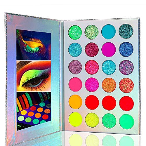 Kalolary Neon Paleta de sombras de ojos que brilla en la oscuridad, 24 colores Paleta de maquillaje de sombras de ojos altamente pigmentadas, Kit de maquillaje con brillo y brillo UV Blacklight